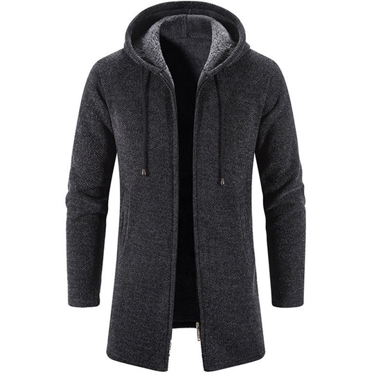 Herren nan langer Kapuzenstrickmantel mit Teddyfutter, durchgehendem Reißverschluss und seitlichen Eingrifftaschen EB