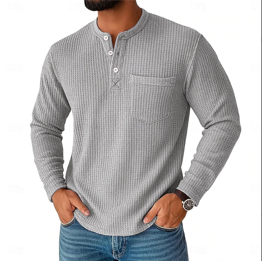 Herren nan Langarm Henley mit Waffelstruktur und Brusttasche thermisches Langarmshirt EB