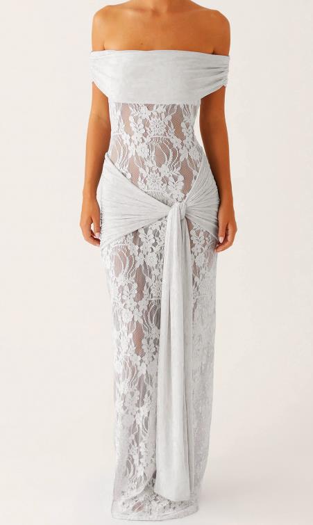 Damen Elegant drapiertes Spitzenkleid mit off-shoulder Design EB