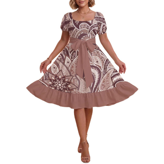 Damen modernes Blumenkleid mit elegantem Taillengürtel und asymmetrischem Saum EB