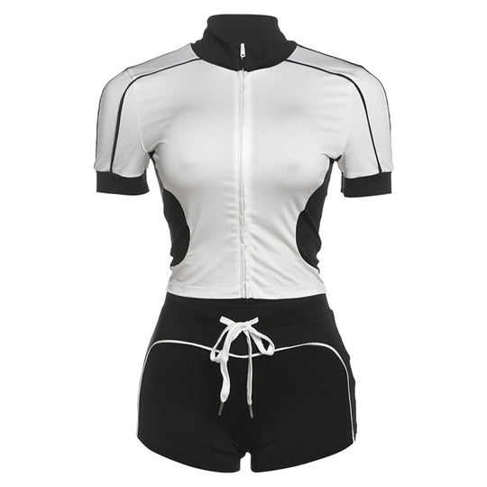 Damen Sportliches Kurzarm-Set mit Reißverschluss und Shorts EB
