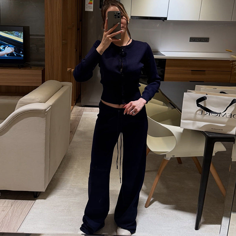 Damen Bequemes Strick-Loungewear-Set mit Knopfleiste EB