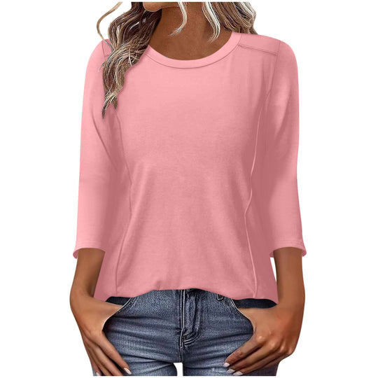 Damen nan lässiges Rundhals Shirt mit mittellangen Ärmeln und sichtbaren Nahtakzenten EB