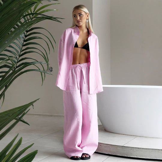 Damen luftiges Leinen-Set mit weit geschnittenem Hemd und Hose EB
