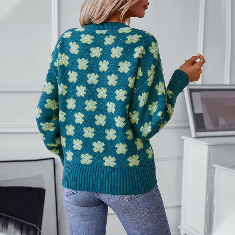 Damen Strickpullover mit floralem Muster und V-Ausschnitt EB