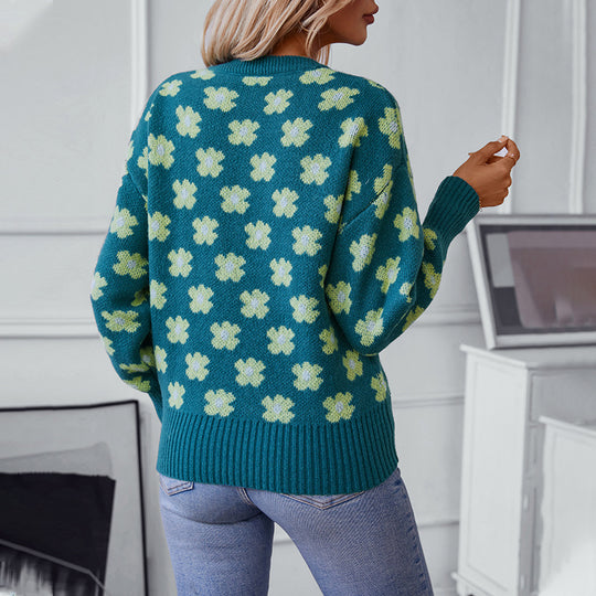 Damen Strickpullover mit floralem Muster und V-Ausschnitt EB