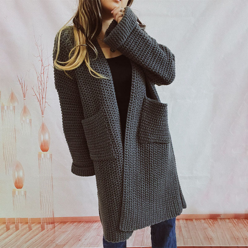 EB | Lange Strickjacke mit Taschen Chunky Strick Weiche und Lässige Silhouette