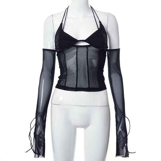 Damen transparentes Oberteil mit langen Ärmeln und Kreuzträgern EB