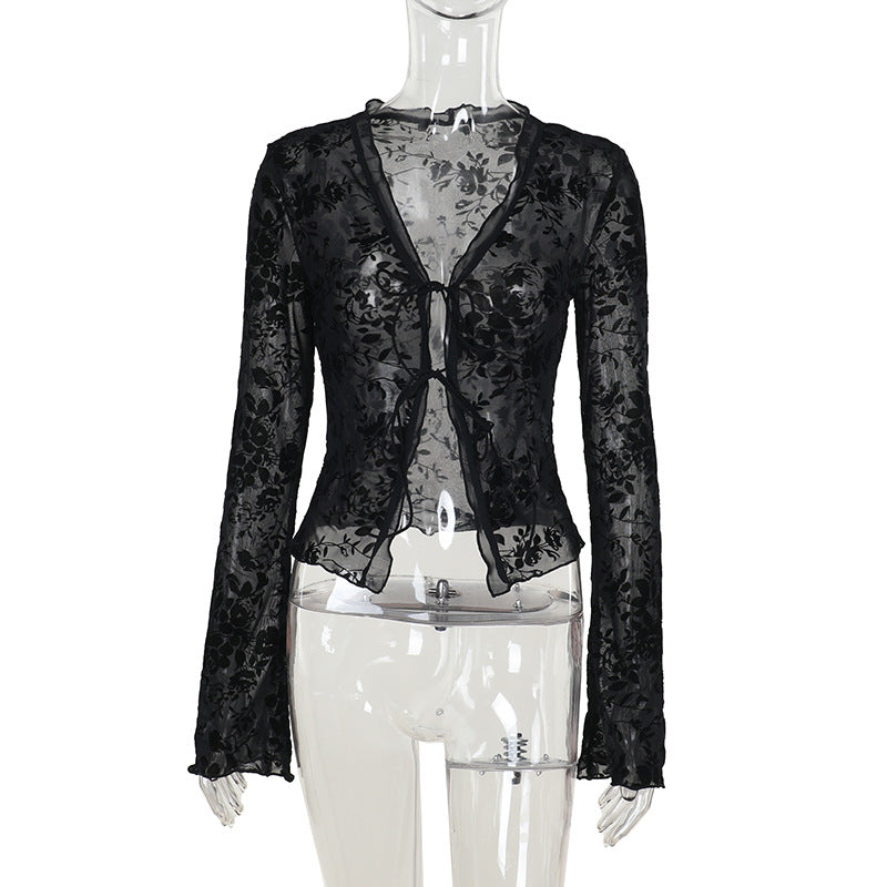 Damen Transparentes Spitzenoberteil mit floralem Design EB