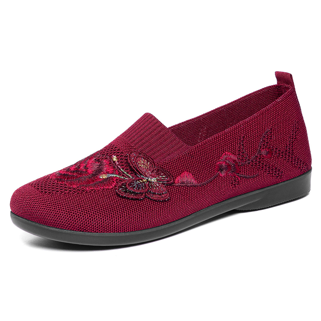 Damen nan bestickter Strick-Slipper mit sockenähnlichem Einstieg, floralem Stickmotiv und gedämpfter Leichtsohle EB