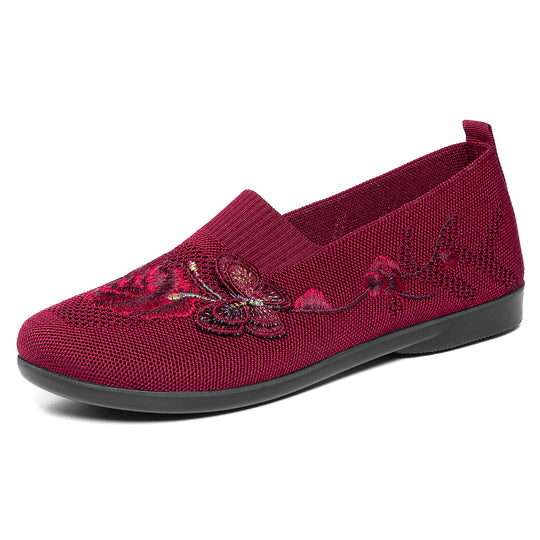 Damen nan bestickter Strick-Slipper mit sockenähnlichem Einstieg, floralem Stickmotiv und gedämpfter Leichtsohle EB