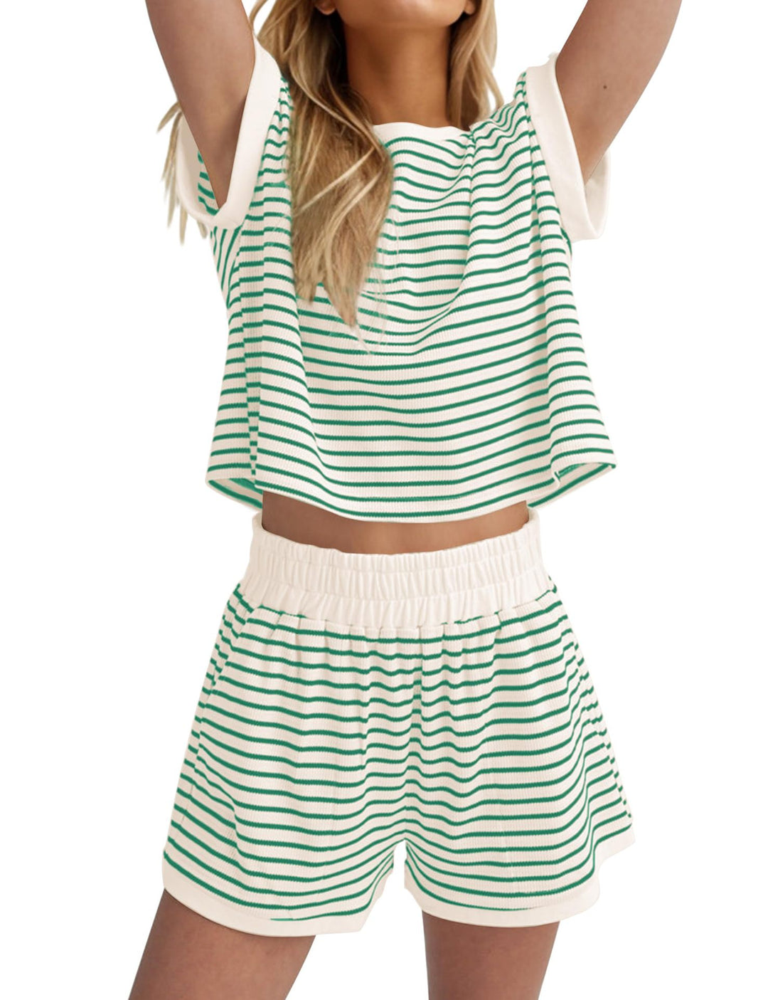 Damen Lässiges gestreiftes Set aus lockerer Oberteil und Shorts EB