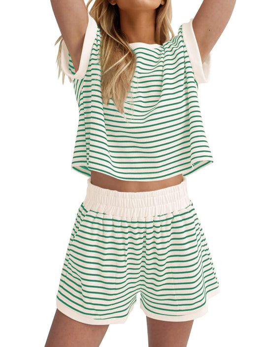 Damen Lässiges gestreiftes Set aus lockerer Oberteil und Shorts EB