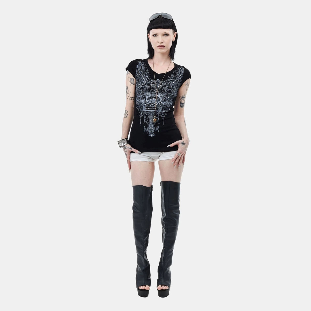 Damen V-Ausschnitt T-Shirt mit extravaganten Grafiken EB