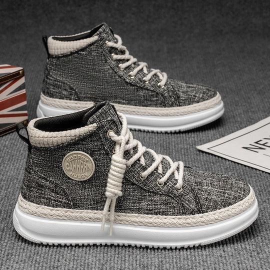 Damen hohe Freizeit‑Sneaker mit meliertem Textilobermaterial, geflochtener Jute‑Zierkante und gedämpfter Plateau‑Sohle EB