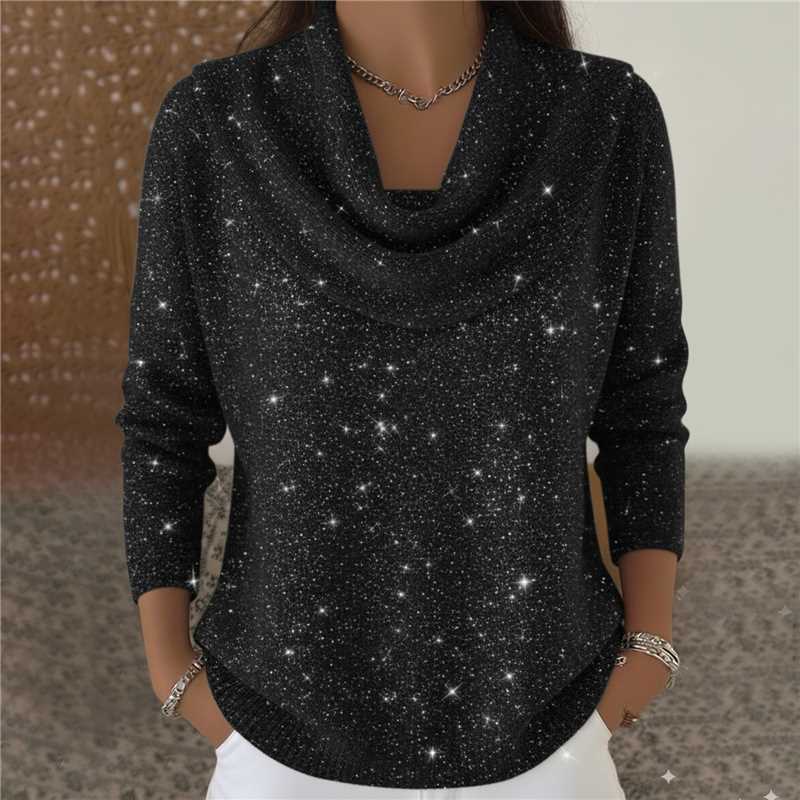 Damen nan schimmernder Strickpullover mit Wasserfallkragen, feiner Glitzerstruktur und schmalem Saum EB