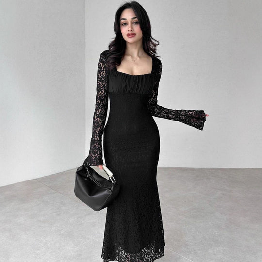 Damen elegantes Spitzenkleid mit langem Arm und figurbetontem Schnitt EB