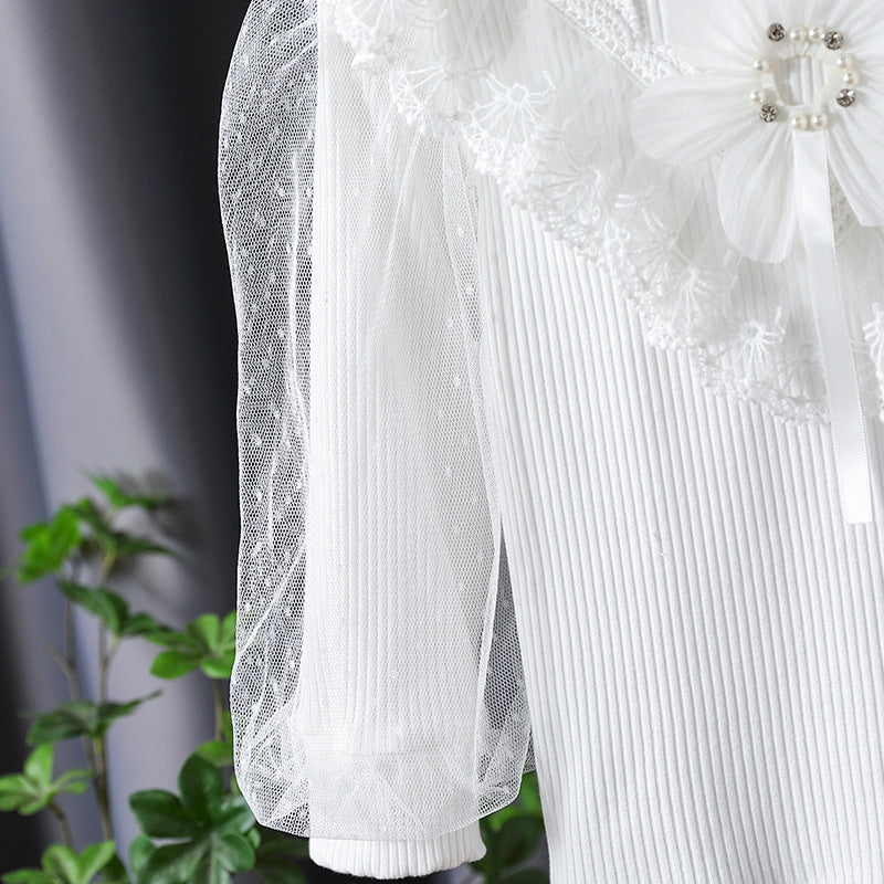 Mädchen Langarmshirt mit elegantem Tüllbesatz und Blumendekor EB