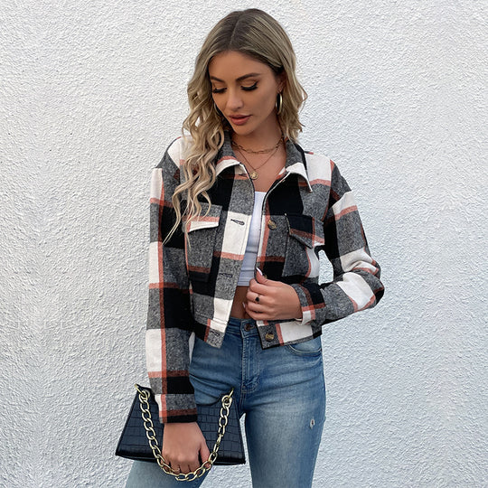 Damen Karierte Denimjacke mit Knöpfen und Brusttaschen EB
