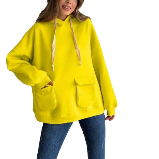 Damen nan Oversize-Kapuzenpullover mit aufgesetzten Klappentaschen und extra-langen Kordeln EB