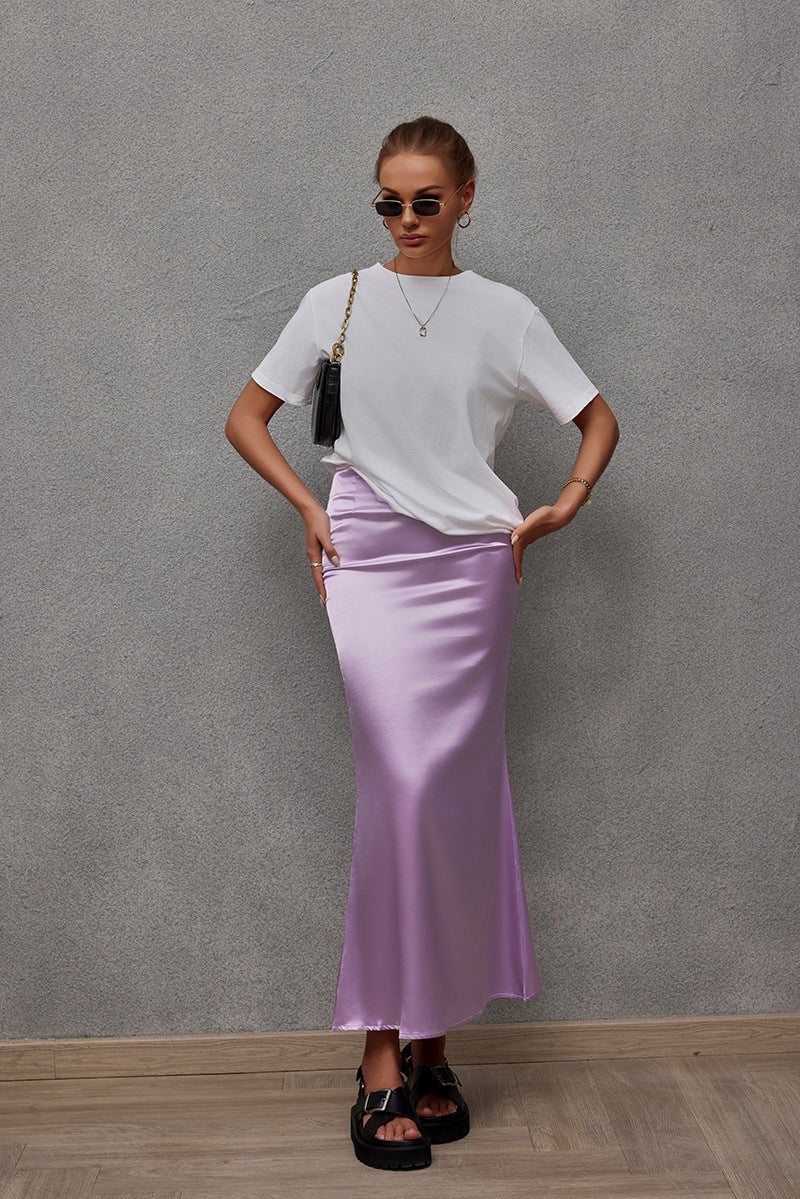Damen Eleganter Maxirock aus glänzendem Satin mit hohem Schlitz EB