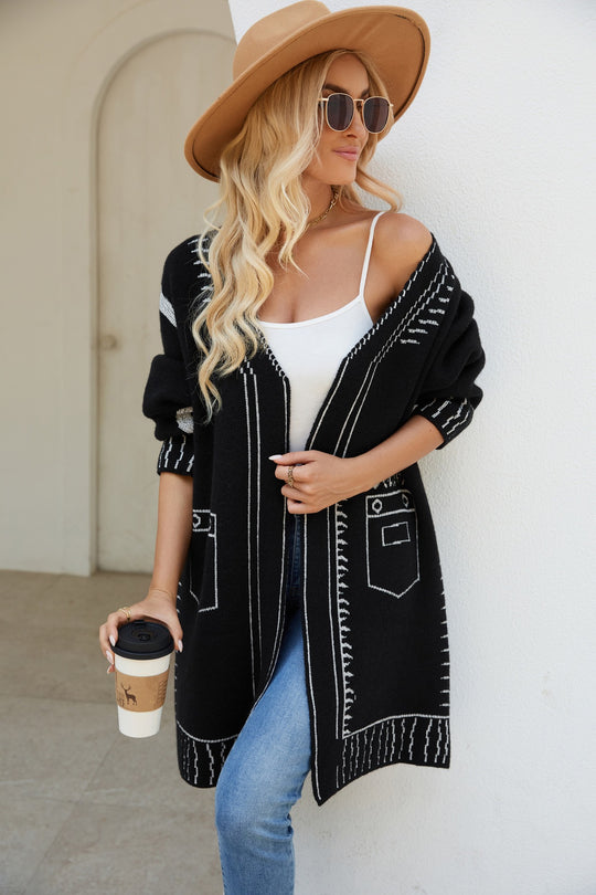 Damen Langarm Cardigan mit grafischem Design und praktischen Taschen EB