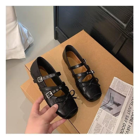 Damen Ballerina-Schuhe mit dekorativen Doppelschnallen und modischen Schleifen EB