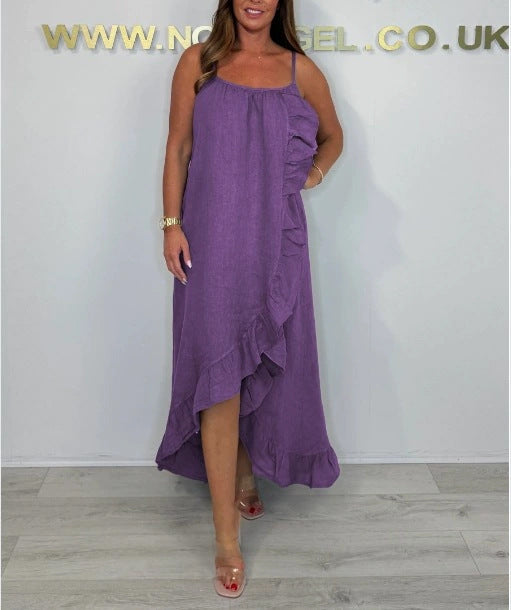 Damen Langarm Maxikleid mit asymmetrischem Saum und Rüsche EB