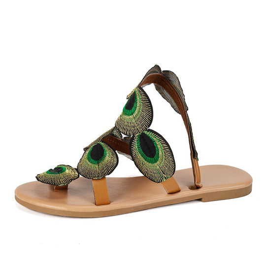 Damen bequeme Zehentrenner-Sandalen mit dekorativer Feder-Applikation EB
