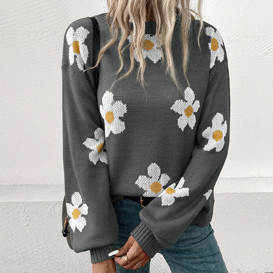 Damen Strickpullover mit floralen Akzenten und weitem Schnitt EB