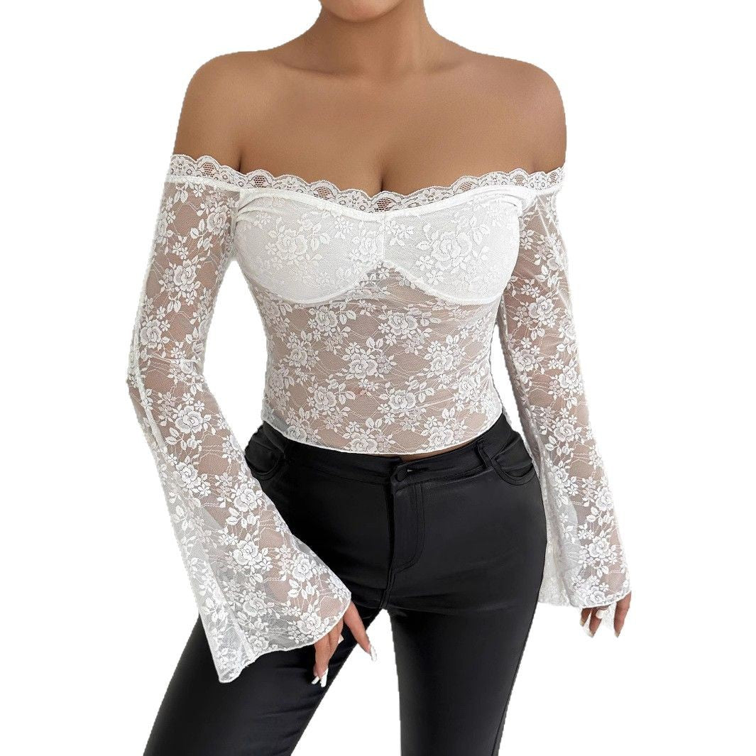 Damen Spitzenoberteil mit schulterfreiem Design und eleganten Trompetenärmeln EB