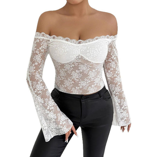 Damen Spitzenoberteil mit schulterfreiem Design und eleganten Trompetenärmeln EB