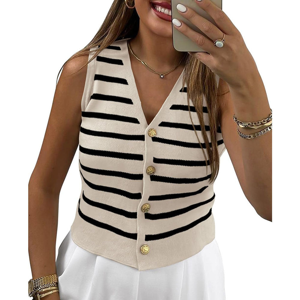 Damen ärmellose Strickweste mit Knopfdetails und Streifenmuster EB