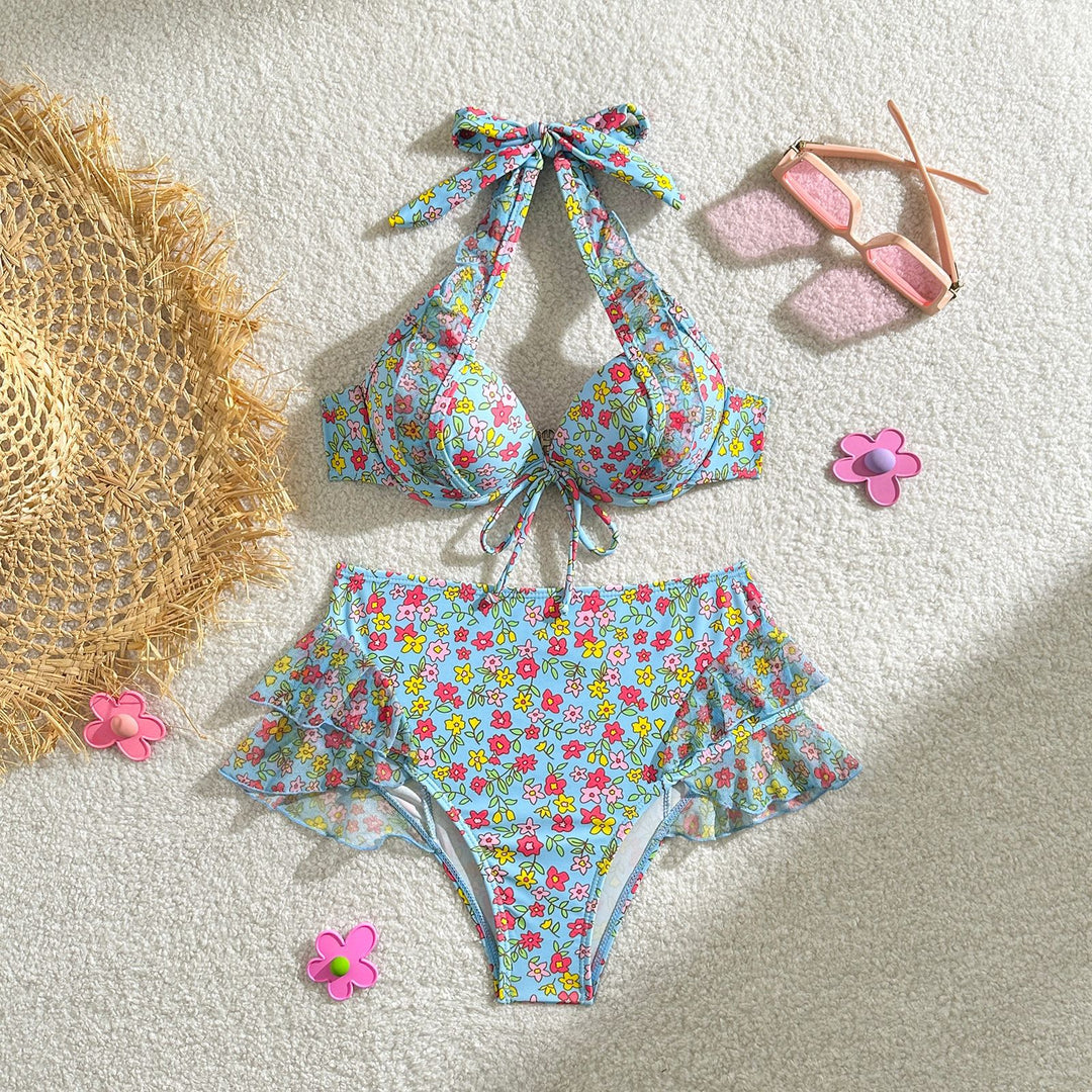 Damen Retro-Bikini-Set mit floralem Design und Rüschendetails EB