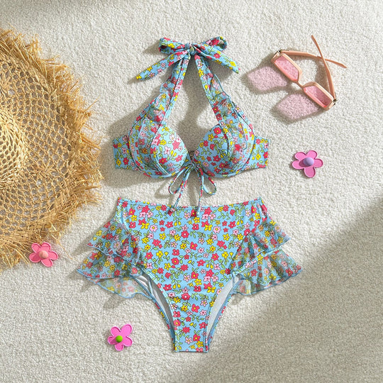 Damen Retro-Bikini-Set mit floralem Design und Rüschendetails EB