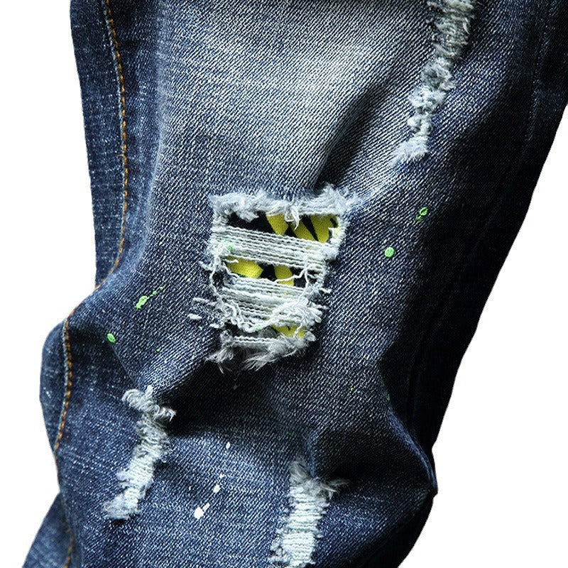 Herren Ripped Slim Fit Jeans mit kreativen Farbklecksen und modischem Destroyed-Look EB