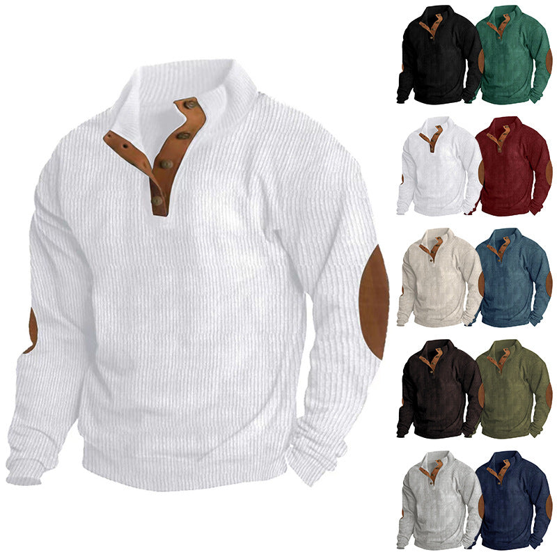 Herren nan gerippter Strickpullover mit Stehkragen und dekorativen Ellenbogenpatches EB
