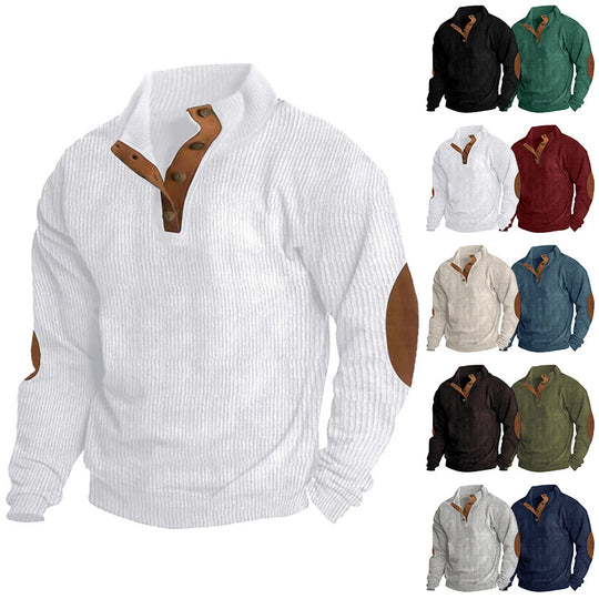 Herren nan gerippter Strickpullover mit Stehkragen und dekorativen Ellenbogenpatches EB