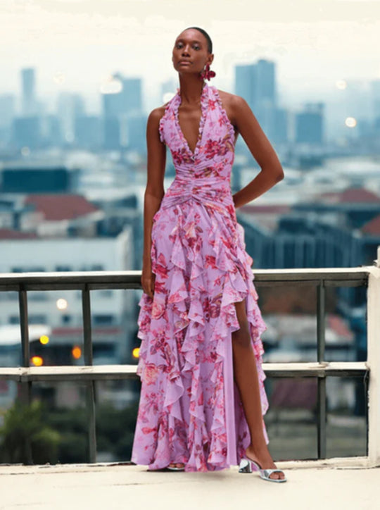 Damen Romantisches Maxi-Party Kleid mit voluminösen Rüschendetails EB