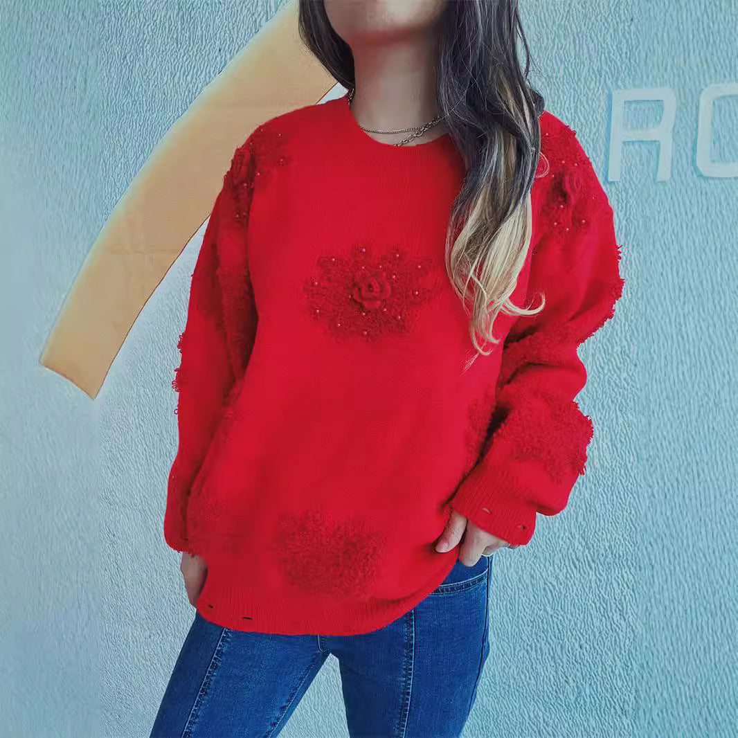 Damen Strickpullover mit romantischen Blumenapplikationen und weichem Material EB