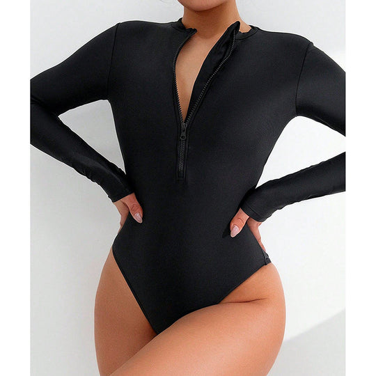 Damen Eleganter Einteiler Badeanzug mit Reißverschluss und langen Ärmeln EB