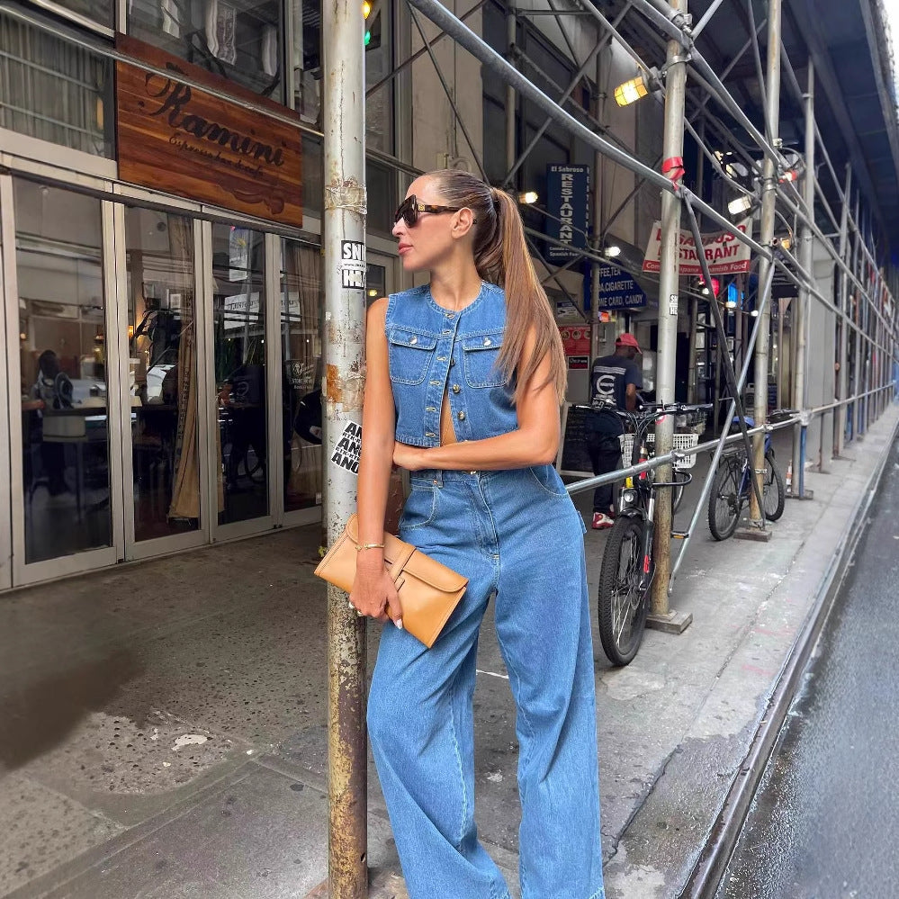 Damen Denim Weste mit stilvollen Taschen und klassischem Knopfverschluss EB