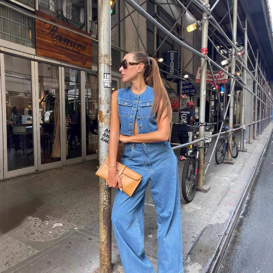 Damen Denim Weste mit stilvollen Taschen und klassischem Knopfverschluss EB