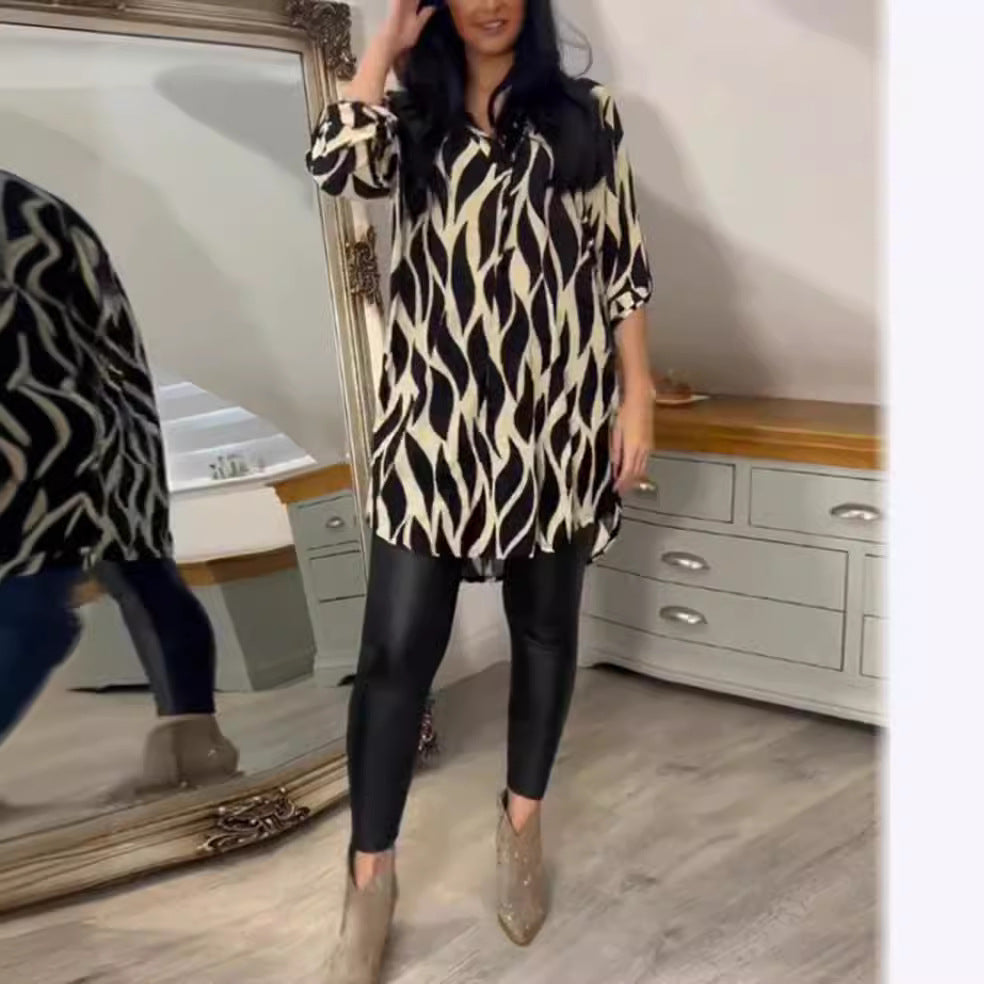 Damen lange Bluse im modernen Wellenmuster mit eleganten Details Heidi-Mode