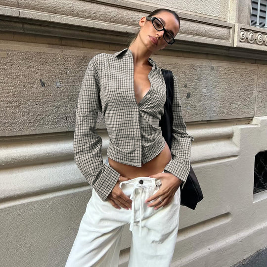 Damen nan taillierte Karobluse mit verdeckter Knopfleiste und geformter Miedernaht EB