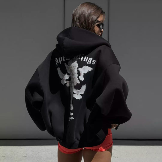 Damen oversized Kapuzenpullover mit Engels-Print und kunstvollem Rückendruck Eichborn Berlin