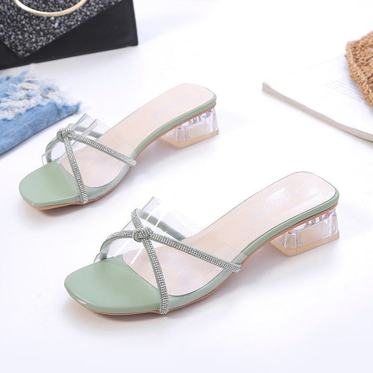 Damen elegante Sling-Sandalen mit transparenten Riemen und funkelndem Akzent EB