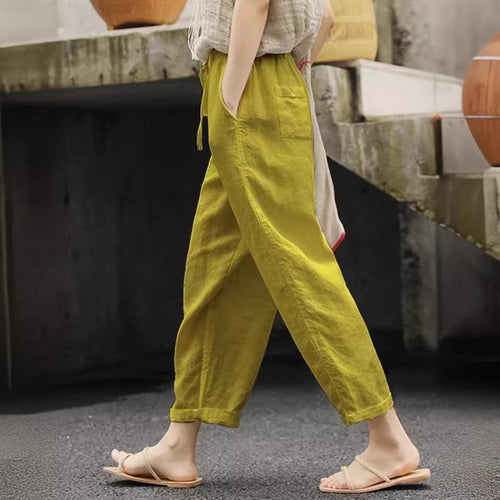 Damen lässige Leinenhose mit elastischem Bund und seitlichen Taschen EB