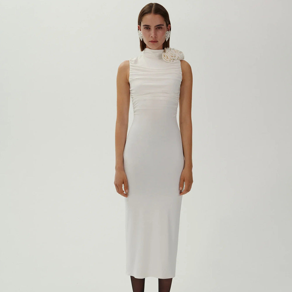 Damen figurbetontes Abendkleid mit asymmetrischem Kragen und floraler Applikation EB