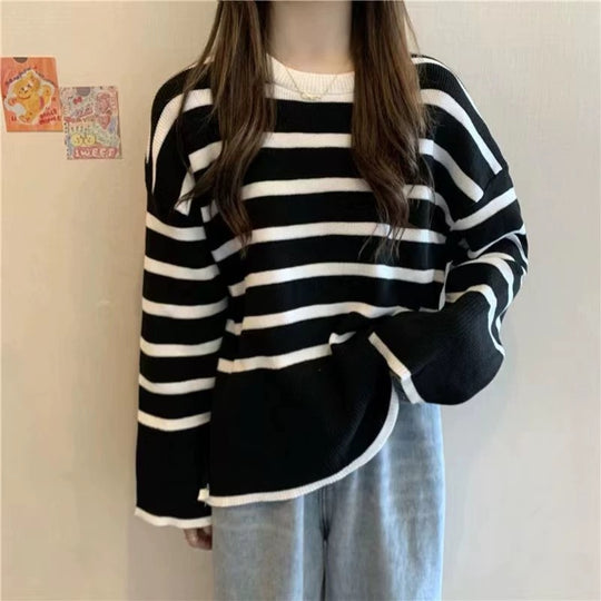 Damen gemütlicher Strickpullover mit Streifen EB